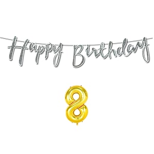 8th happy birthday decoration kit silver for 8 year old boys girls kids with number eight decorations decor celebration items item set combo reusable cursive banner