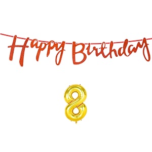 8th happy birthday decoration kit orange for 8 year old boys girls kids with number eight decorations decor celebration items item set combo reusable cursive banner