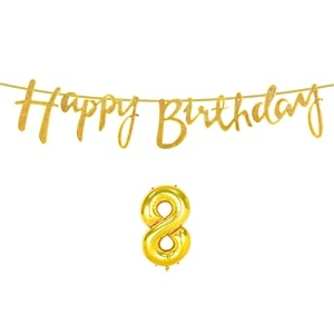 8th happy birthday decoration kit golden for 8 year old boys girls kids with number eight decorations decor celebration items item set combo reusable cursive banner