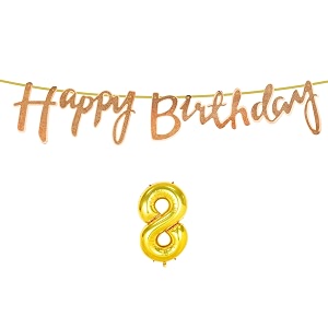 8th happy birthday decoration kit rose gold for 8 year old boys girls kids with number eight decorations decor celebration items item set combo reusable cursive banner