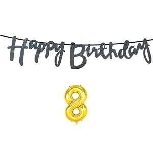 8th happy birthday decoration kit black for 8 year old boys girls kids with number eight decorations decor celebration items item set combo reusable cursive banner