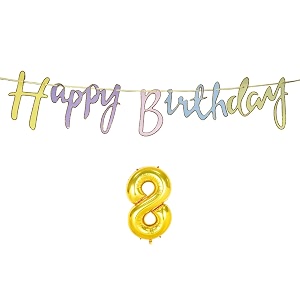 8th happy birthday decoration kit multicolour for 8 year old boys girls kids multicolor with number eight decorations decor celebration items item set combo reusable cursive banner