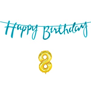 8th happy birthday decoration kit blue for 8 year old boys girls kids with number eight decorations decor celebration items item set combo reusable cursive banner