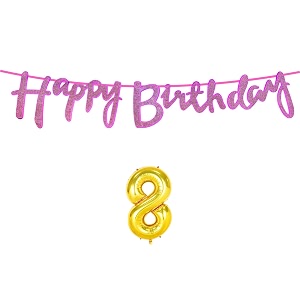 8th happy birthday decoration kit dark pink for 8 year old boys girls kids with number eight decorations decor celebration items item set combo reusable cursive banner