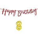 8th Happy Birthday Decoration Kit Red for 8 Year Old Boys Girls Kids with Number Eight Decorations Decor Celebration Items Item Set Combo Reusable Cursive Banner