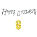 8th Happy Birthday Decoration Kit Silver for 8 Year Old Boys Girls Kids with Number Eight Decorations Decor Celebration Items Item Set Combo Reusable Cursive Banner