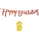8th Happy Birthday Decoration Kit Orange for 8 Year Old Boys Girls Kids with Number Eight Decorations Decor Celebration Items Item Set Combo Reusable Cursive Banner