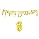 8th Happy Birthday Decoration Kit Golden for 8 Year Old Boys Girls Kids with Number Eight Decorations Decor Celebration Items Item Set Combo Reusable Cursive Banner
