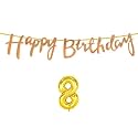 8th Happy Birthday Decoration Kit Rose Gold for 8 Year Old Boys Girls Kids with Number Eight Decorations Decor Celebration Items Item Set Combo Reusable Cursive Banner