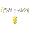 8th Happy Birthday Decoration Kit Multicolour for 8 Year Old Boys Girls Kids Multicolor with Number Eight Decorations Decor Celebration Items Item Set Combo Reusable Cursive Banner