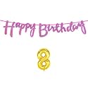 8th Happy Birthday Decoration Kit Dark Pink for 8 Year Old Boys Girls Kids with Number Eight Decorations Decor Celebration Items Item Set Combo Reusable Cursive Banner