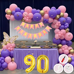 90th birthday decoration items for pink and purple theme combination for girls princes  50 pcs pink purple gold balloon  pink birthday banner  balloon pump  arch tape  glue dots