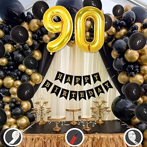 90th birthday decoration items for black and gold theme combination for boys girls  50 pcs black gold balloon  black birthday banner  balloon pump  arch tape  glue dots