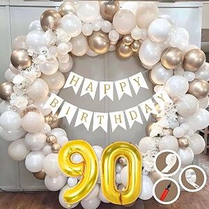 90th birthday decoration items for white and gold theme combination for boys girls  50 pc golden white orange balloon  white birthday banner  balloon pump  arch tape  glue dots