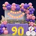 90th Birthday Decoration Items for Pink and Purple Theme Combination for Girls Princes | 50 Pcs Pink Purple Gold Balloon | Pink Birthday Banner | Balloon Pump | Arch Tape | Glue Dots