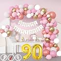 90th Birthday Decoration Items for Pink and White Theme Combination for Girls| 50 Pcs Pink White Gold Rose Gold Balloon| White Birthday Banner| Balloon Pump| Arch Tape| Glue Dots