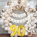 90th Birthday Decoration Items for White and Gold Theme Combination for Boys Girls | 50 Pc Golden White Orange Balloon | White Birthday Banner | Balloon Pump | Arch Tape | Glue Dots