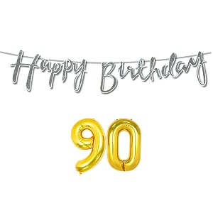 90th happy birthday decoration kit silver for 90 year old women with number ninety decorations decor celebration items item set combo reusable cursive banner