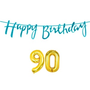 90th happy birthday decoration kit blue for 90 year old women adults with number ninety decorations decor celebration items item set combo reusable cursive banner