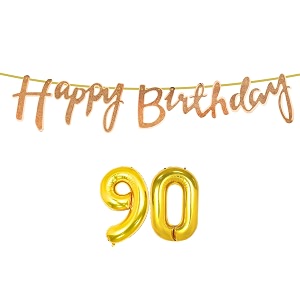 90th happy birthday decoration kit rose gold for 90 year old women with number ninety decorations decor celebration items item set combo reusable cursive banner
