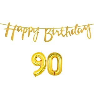 90th happy birthday decoration kit golden for 90 year old women adults with number ninety decorations decor celebration items item set combo reusable cursive banner