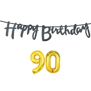 90th happy birthday decoration kit black for 90 year old women adults with number ninety decorations decor celebration items item set combo reusable cursive banner
