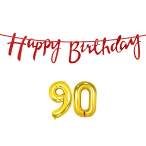 90th happy birthday decoration kit red for 90 year old women with number ninety decorations decor celebration items item set combo reusable cursive banner