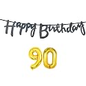 90th Happy Birthday Decoration Kit Black for 90 Year Old Women Adults with Number Ninety Decorations Decor Celebration Items Item Set Combo Reusable Cursive Banner