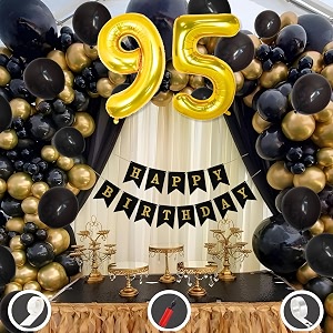 95th birthday decoration items for black and gold theme combination for boys girls  50 pcs black gold balloon  black birthday banner  balloon pump  arch tape  glue dots