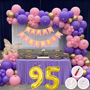 95th birthday decoration items for pink and purple theme combination for girls princes  50 pcs pink purple gold balloon  pink birthday banner  balloon pump  arch tape  glue dots