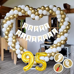 95th birthday decoration items for golden and white theme combination for boys girls  50 pcs gold white balloon  white birthday banner  balloon pump  arch tape  glue dots