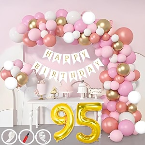 95th birthday decoration items for pink and white theme combination for girls 50 pcs pink white gold rose gold balloon white birthday banner balloon pump arch tape glue dots