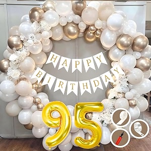 95th birthday decoration items for white and gold theme combination for boys girls  50 pc golden white orange balloon  white birthday banner  balloon pump  arch tape  glue dots