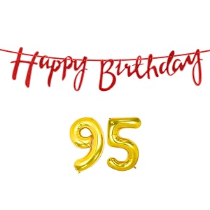 95th happy birthday decoration kit red for 95 year old women with number ninety-five decorations decor celebration items item set combo reusable cursive banner