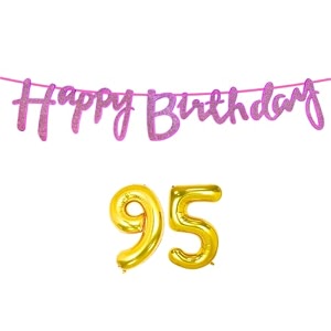95th happy birthday decoration kit dark pink for 95 year old women with number ninety-five decorations decor celebration items item set combo reusable cursive banner