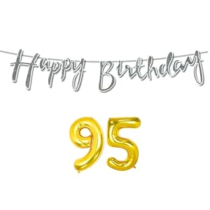 95th happy birthday decoration kit silver for 95 year old women with number ninety-five decorations decor celebration items item set combo reusable cursive banner