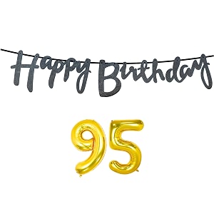 95th happy birthday decoration kit black for 95 year old women adults with number ninety-five decorations decor celebration items item set combo reusable cursive banner