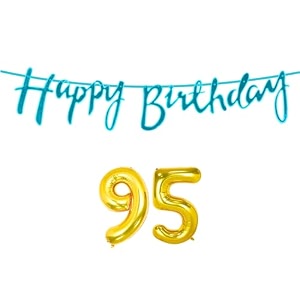 95th happy birthday decoration kit blue for 95 year old women adults with number ninety-five decorations decor celebration items item set combo reusable cursive banner
