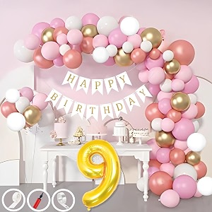 9th birthday decoration items for pink and white theme combination for girls 50 pcs pink white gold rose gold balloon white birthday banner balloon pump arch tape glue dots