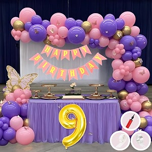 9th birthday decoration items for pink and purple theme combination for girls princes  50 pcs pink purple gold balloon  pink birthday banner  balloon pump  arch tape  glue dots