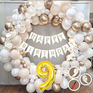 9th birthday decoration items for white and gold theme combination for boys girls  50 pc golden white orange balloon  white birthday banner  balloon pump  arch tape  glue dots