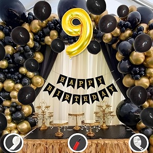 9th birthday decoration items for black and gold theme combination for boys girls  50 pcs black gold balloon  black birthday banner  balloon pump  arch tape  glue dots