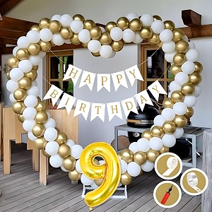 9th birthday decoration items for golden and white theme combination for boys girls  50 pcs gold white balloon  white birthday banner  balloon pump  arch tape  glue dots