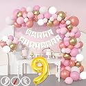9th Birthday Decoration Items for Pink and White Theme Combination for Girls| 50 Pcs Pink White Gold Rose Gold Balloon| White Birthday Banner| Balloon Pump| Arch Tape| Glue Dots