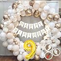 9th Birthday Decoration Items for White and Gold Theme Combination for Boys Girls | 50 Pc Golden White Orange Balloon | White Birthday Banner | Balloon Pump | Arch Tape | Glue Dots