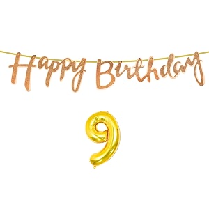 9th happy birthday decoration kit rose gold for 9 year old boys girls kids with number nine decorations decor celebration items item set combo reusable cursive banner