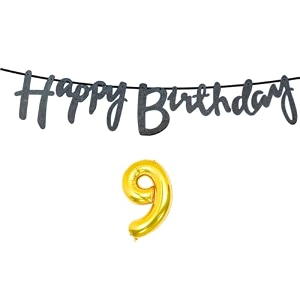 9th happy birthday decoration kit black for 9 year old boys girls kids with number nine decorations decor celebration items item set combo reusable cursive banner