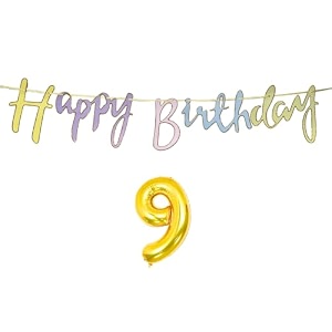 9th happy birthday decoration kit multicolour for 9 year old boys girls kids multicolor with number nine decorations decor celebration items item set combo reusable cursive banner
