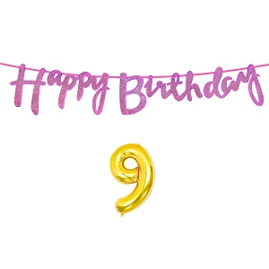 9th happy birthday decoration kit dark pink for 9 year old boys girls kids with number nine decorations decor celebration items item set combo reusable cursive banner