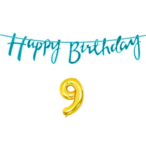 9th happy birthday decoration kit blue for 9 year old boys girls kids with number nine decorations decor celebration items item set combo reusable cursive banner